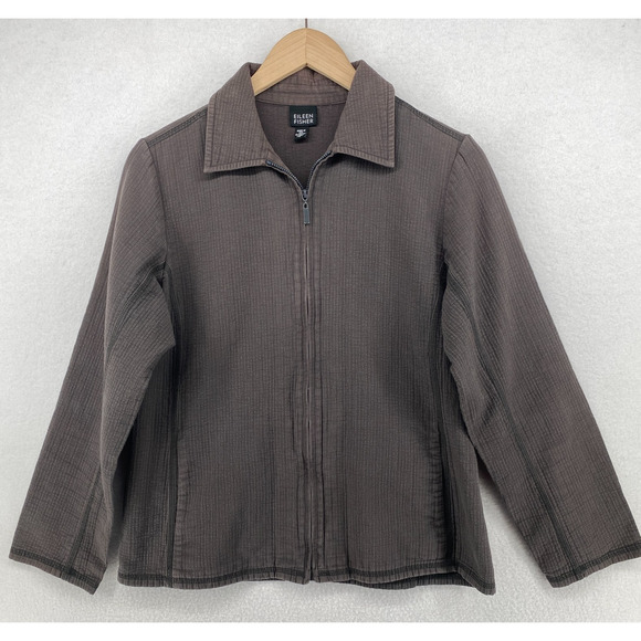 EILEEN FISHER Jacket S Cotton Ribbed Textured Canvas Full Zip Brown USA VTG - Picture 1 of 14